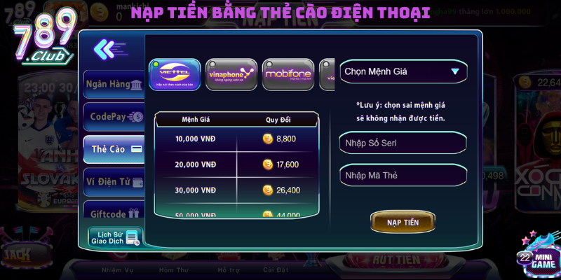 Nạp tiền 789Club bằng thẻ cào